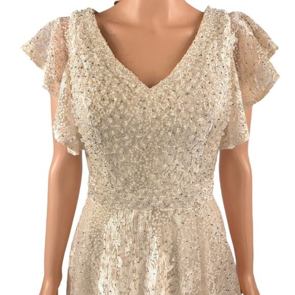 Mac Duggal Flutter Sleeve V-Neck Gown Ivory Nude Formal Maxi Beaded FLAWED - Picture 4 of 16